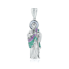 Load image into Gallery viewer, Sterling Silver Rhodium Plated Red And Green CZ St Jude Pendant