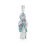 Sterling Silver Rhodium Plated Red And Green CZ St Jude Pendant