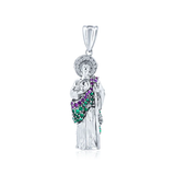 Sterling Silver Rhodium Plated Three Dimensional Red And Green CZ St Jude Pendant