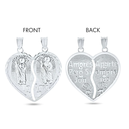 Sterling Silver Rhodium Plated Diamond Cut Broken Heart St. Jude Design With Latin Words Pendant