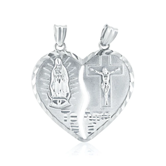 Sterling Silver Rhodium Plated Unbreakable Love Three Dimensional Guadalupe And Cross Heart Pendamt