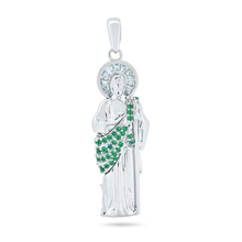 Load image into Gallery viewer, Sterling Silver Rhodium Plated Green CZ St Jude Pendant