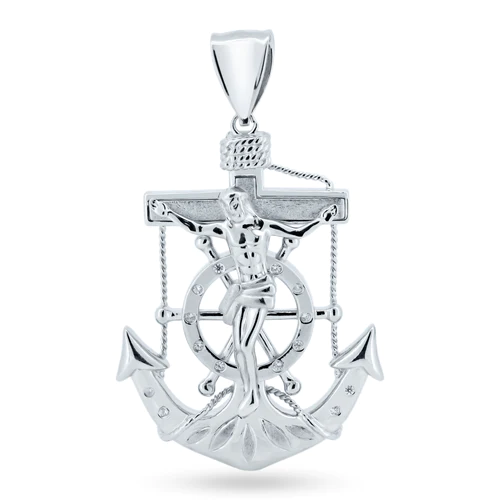 Sterling Silver Rhodium Plated Anchor Helm Cross CZ Pendant