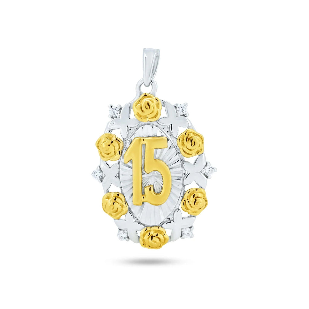 Sterling Silver Two Toned Plated CZ Oval Disc Quinceanera Pendant