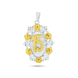 Sterling Silver Two Toned Plated CZ Oval Disc Quinceanera Pendant