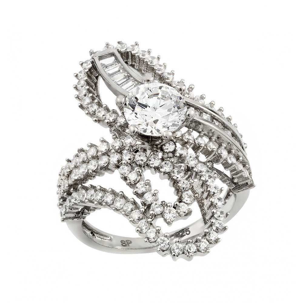 Sterling Silver Rhodium Plated Clear Baguette Round Center CZ Ornate Wrap Ring