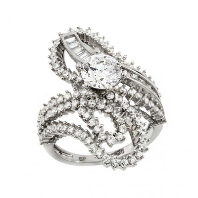 Sterling Silver Rhodium Plated Clear Baguette Round Center CZ Ornate Wrap Ring