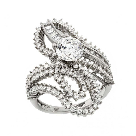 Sterling Silver Rhodium Plated Clear Baguette Round Center CZ Ornate Wrap Ring