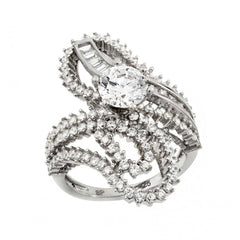 Sterling Silver Rhodium Plated Clear Baguette Round Center CZ Ornate Wrap Ring