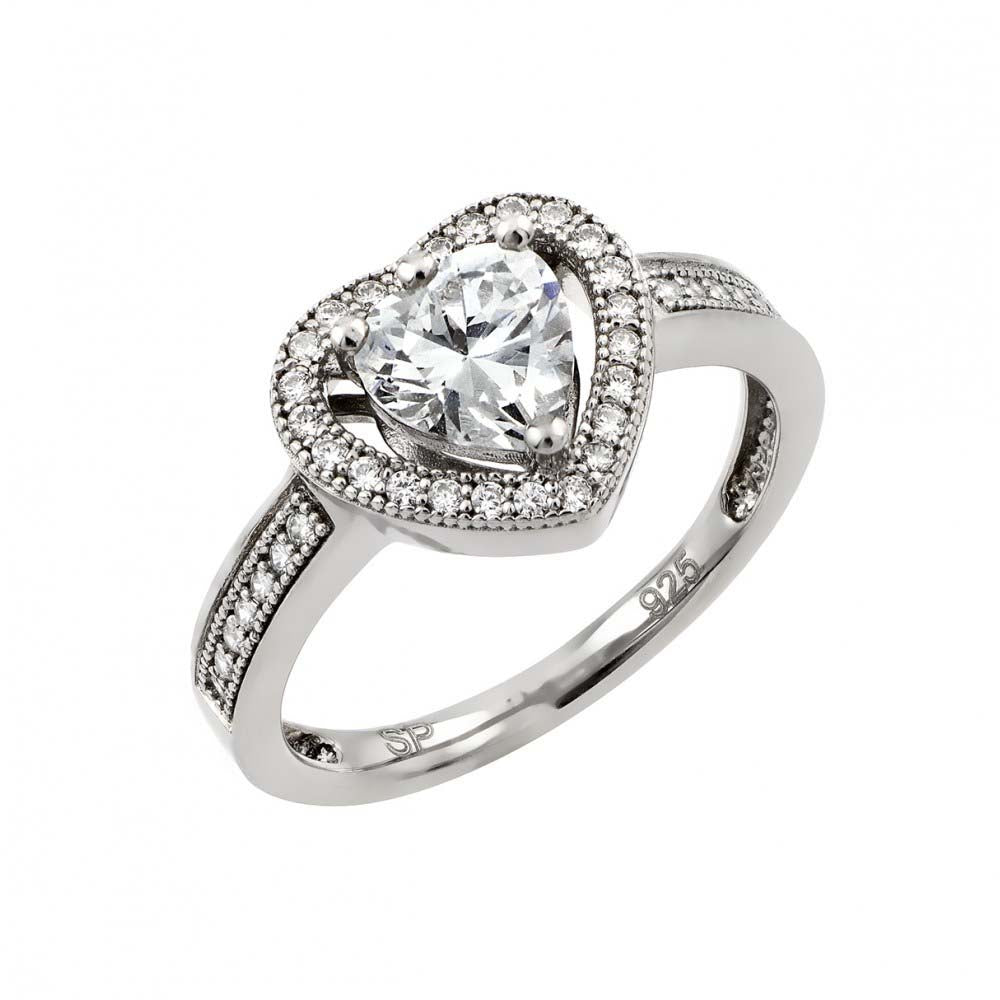 Sterling Silver Rhodium Plated Clear Micro Pave Set CZ Heart Ring