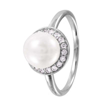 Load image into Gallery viewer, Sterling Silver Rhodium Plated Fancy Synthetic White Pearl with Pave Halo Setting Ring