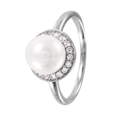 Sterling Silver Rhodium Plated Fancy Synthetic White Pearl with Pave Halo Setting Ring