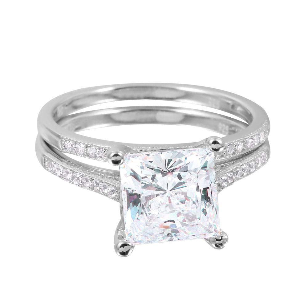 Sterling Silver Rhodium Plated Large Princess Cut Clear Cz Pave Band Bridal Ring