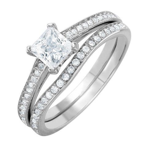 Sterling Silver Rhodium Plated Classy Small Princess Cut Clear Cz Pave Band Bridal Ring