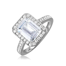 Load image into Gallery viewer, Sterling Silver Rhodium Plated Emerald Cut Halo Shaped Ring With CZ Stones