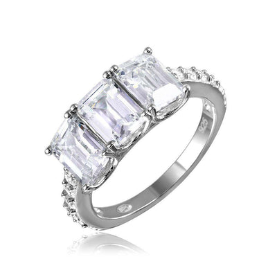 Sterling Silver Rhodium Plated Three Rectangle Shaped Ring With CZ StonesAnd Dimensions 7.5mm