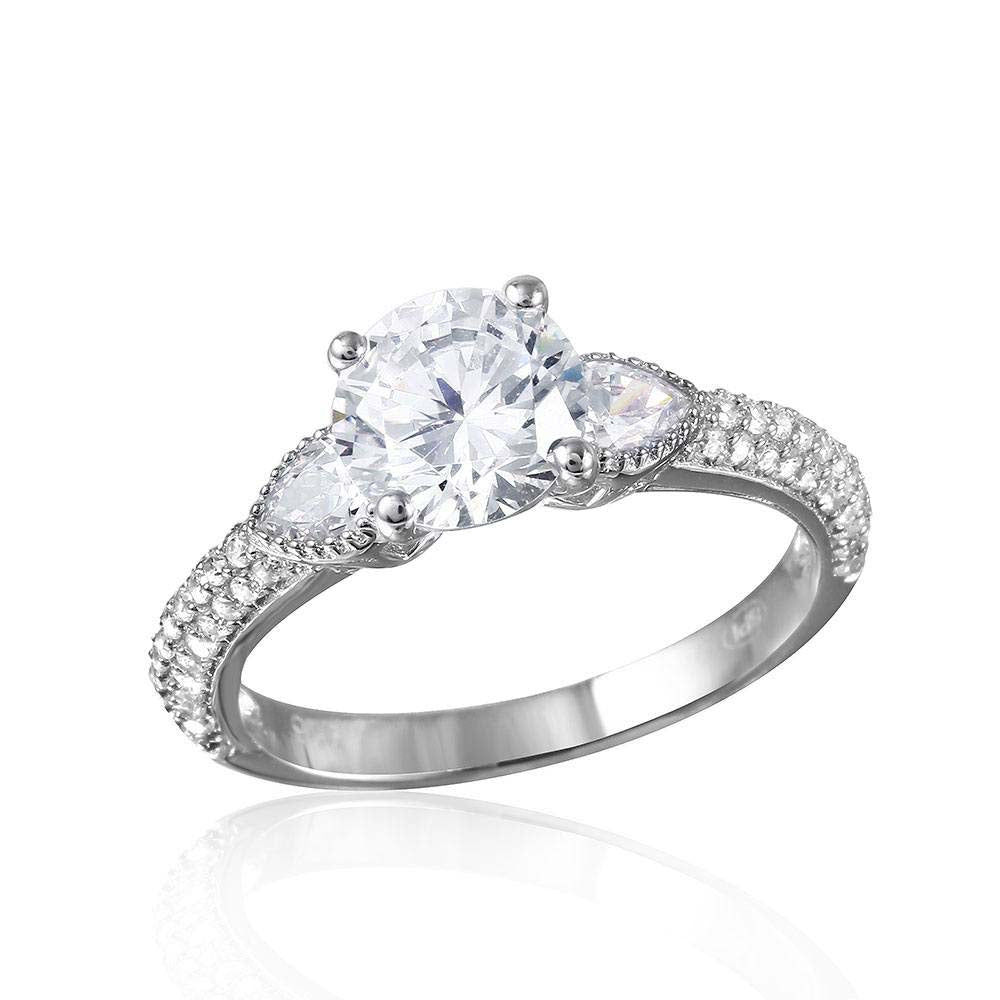 Sterling Silver Rhodium Plated  CZ Center Stone Ring With Micro Pave Shank