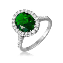 Load image into Gallery viewer, Sterling Silver Rhodium Plated Green Oval Halo Ring With CZ Stones