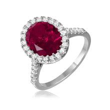 Load image into Gallery viewer, Sterling Silver Rhodium Plated Halo Oval Shaped Ring With Red And Clear CZ Stones