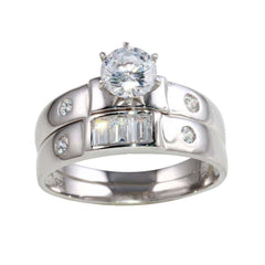 Sterling Silver Rhodium Plated Double Stack Shaped Ring With CZ Stones