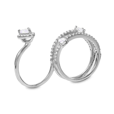 Sterling Silver Rhodium Plated Two Finger Teardrop Shaped Ring With CZ StonesAnd Width 5.7mm