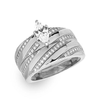 Sterling Silver Rhodium Plated Marquise Center Trio Bridal Ring