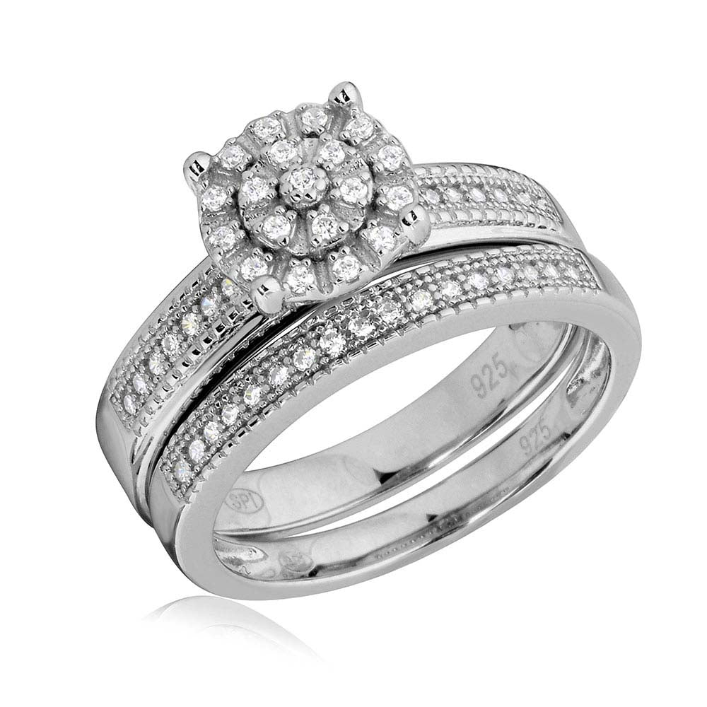 Sterling Silver Rhodium Plated Cluster Stones Wedding Ring Set