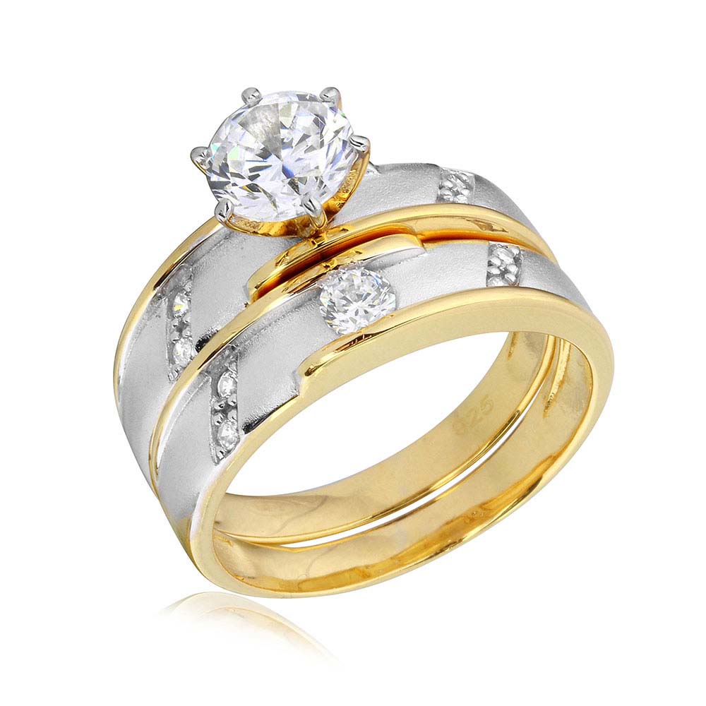 Sterling Silver 2 Toned Gold and Rhodium Plated CZ Band Wedding Band