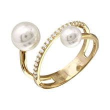Load image into Gallery viewer, Sterling Silver Gold Plated Synthetic Pearl Ended Loop CZ Ring