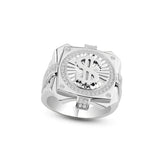 Sterling Silver Mens Rhodium Plated Dollar Sign Ring