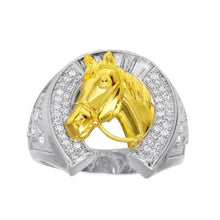 Load image into Gallery viewer, Sterling Silver Men's Two-Toned CZ Horseshoe Gold Horse Ring