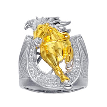Load image into Gallery viewer, Sterling Silver Men's Two Toned CZ Horse Shoe Gold Horse Ring