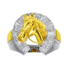 Load image into Gallery viewer, Sterling Silver Men's Two Toned CZ Horse Shoe Gold Horse Ring