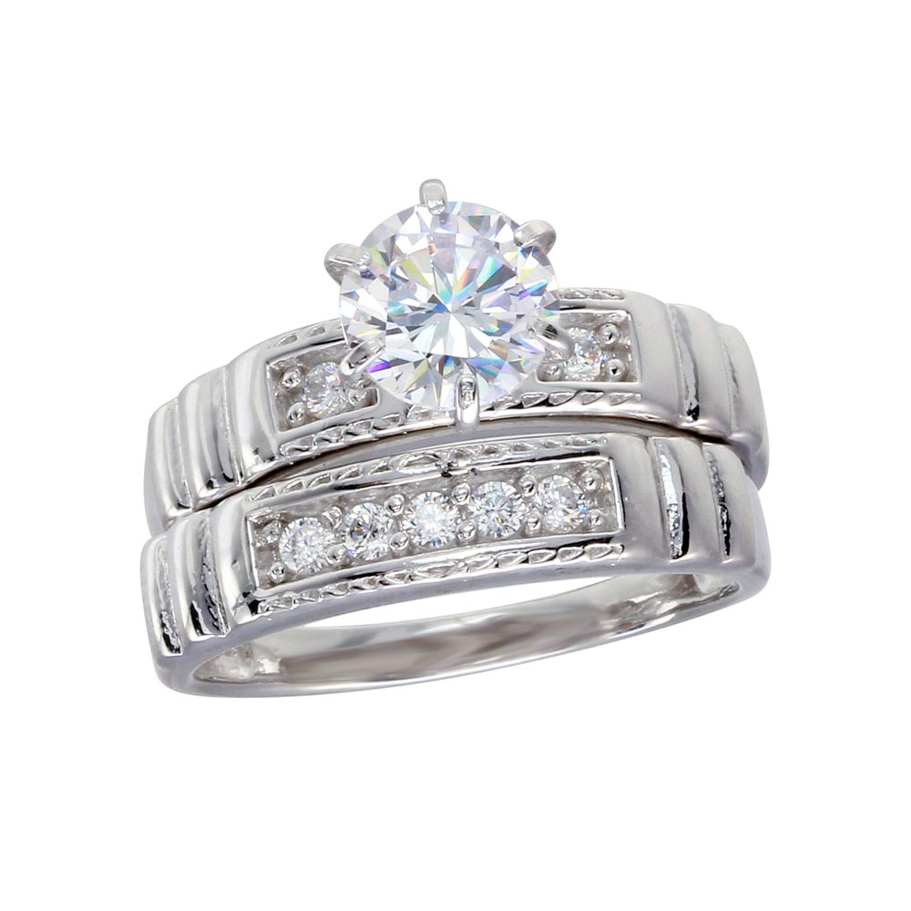 Sterling Silver Rhodium Plated Round CZ Trios Ring
