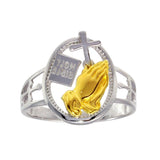 Sterling Silver Two Toned Plated Praying Hand with Cross Ring