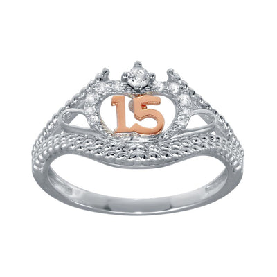Sterling Silver CZ Quinceanera Flower Two Toned Rose Gold CZ Ring