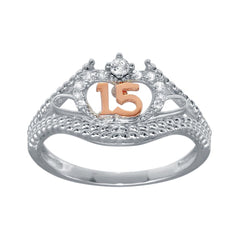 Sterling Silver CZ Quinceanera Flower Two Toned Rose Gold CZ Ring