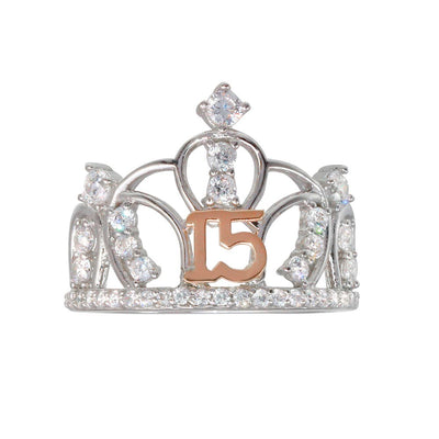 Sterling Silver CZ Quinceanera Crown Two Toned Ring