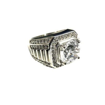 Sterling Silver Rhodium Plated Studded Small CZ and Large Center Clear CZ Ring-9mm