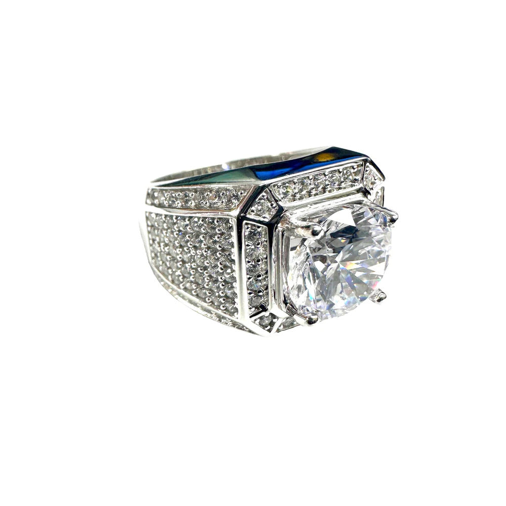 Sterling Silver Rhodium Plated Statement Studded Small and Top Clear CZ Ring-8mm