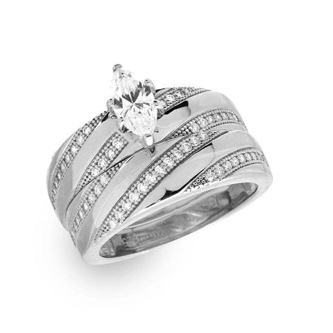 Sterling Silver Rhodium Plated  Marquise Center Trio Bridal RingAnd Ring Dimensions 11mm x 2mm