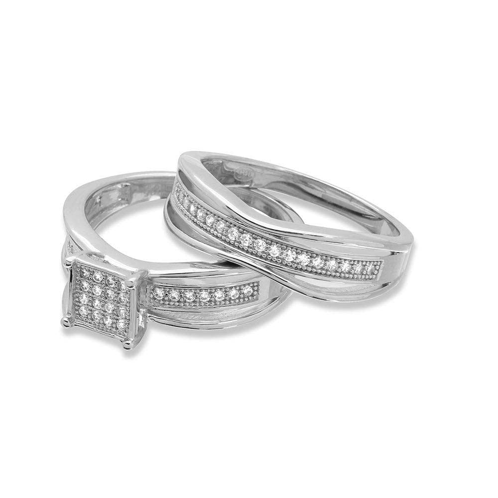 Sterling Silver Rhodium Plated  Square Center Trio Bridal RingAnd Ring Dimensions 12mm x 19mm