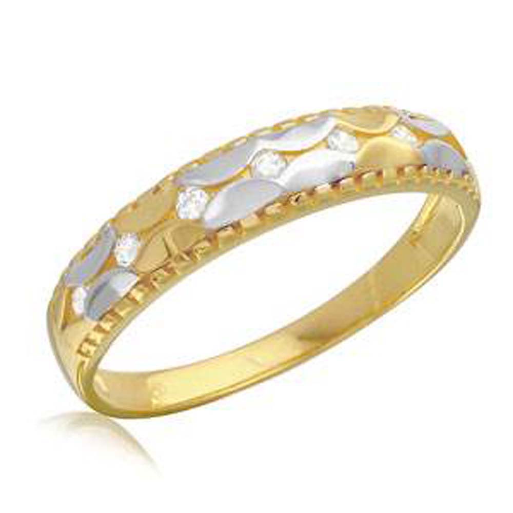 Sterling Silver 2 Toned Rhodium And Gold Plated Hammered CZ Wedding Ring, Band Width 5mm