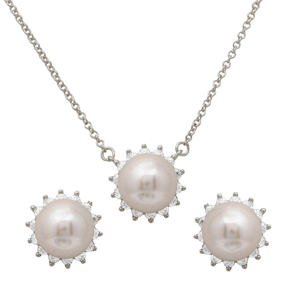 Sterling Silver Rhodium Plated CZ Halo Fresh Water Center Pearl Set With CZ  Stones