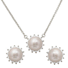 Load image into Gallery viewer, Sterling Silver Rhodium Plated CZ Halo Fresh Water Center Pearl Set With CZ  Stones
