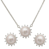 Sterling Silver Rhodium Plated CZ Halo Fresh Water Center Pearl Set With CZ  Stones