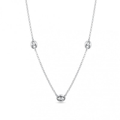 Sterling Silver Rhodium Plated Puffed Mariner Charm Double Strand Curb And Paperclip Adjustable Bracelet