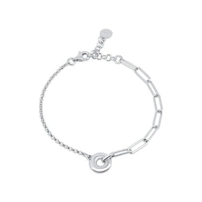 Sterling Silver Rhodium Plated Rolo Paperclip Donut Adjustable Bracelet