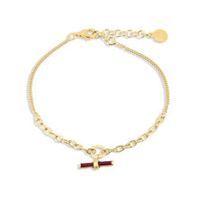 Load image into Gallery viewer, Sterling Silver Gold Plated Curb Link Red Enamel Bar Adjustable Bracelet