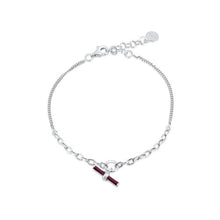 Load image into Gallery viewer, Sterling Silver Rhodium Plated Curb Link Red Enamel Bar Adjustable Bracelet